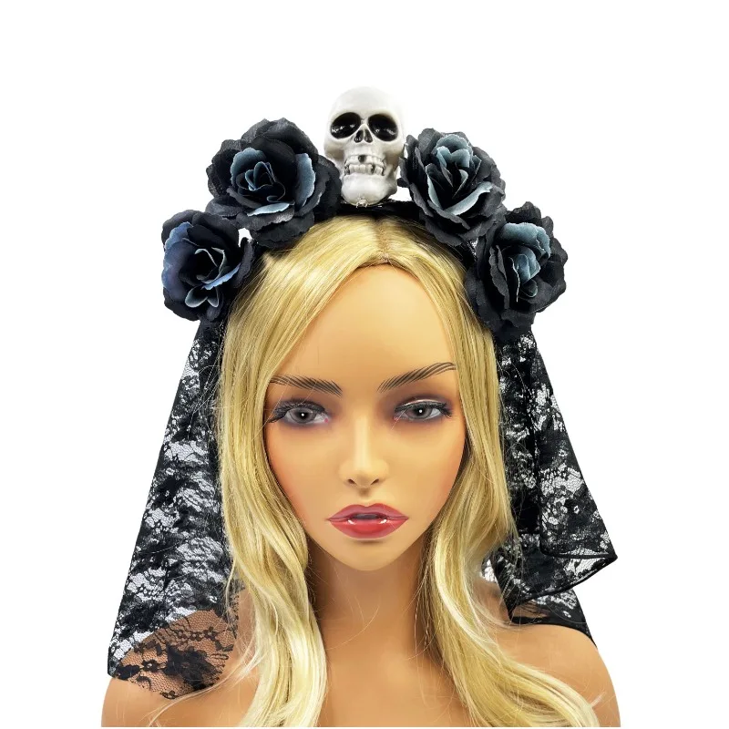 1pcs Halloween Headbands Mesh Flowers Skull Head Headband Hair Accessories Day of The Dead Skull Skeleton Headwear Veil Party