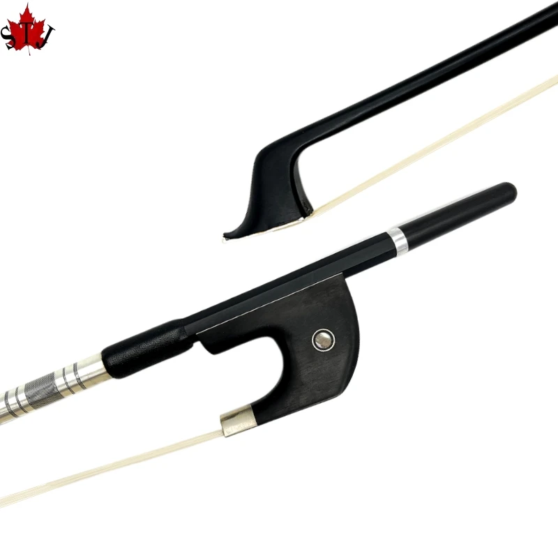 1pcs 4/4,3/4,1/2 New upright double bass bow Black Carbon Fiber Stick,white/black Horsehair Horsetail,Ebony Frog