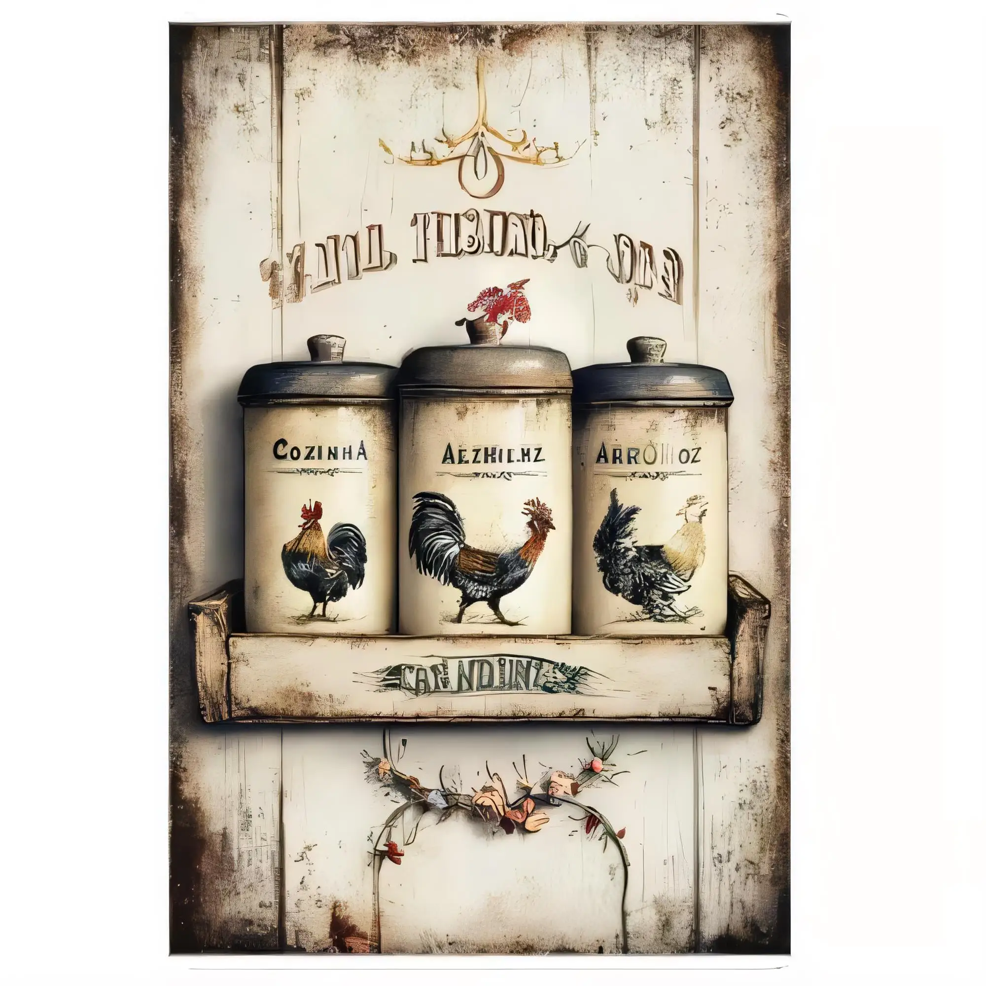 Tin Sign Rooster Kitchen Wall Decor Vintage Farmhouse Rustic Metal Plaque 3 Canisters Typography Art Painting Style Retro Countr