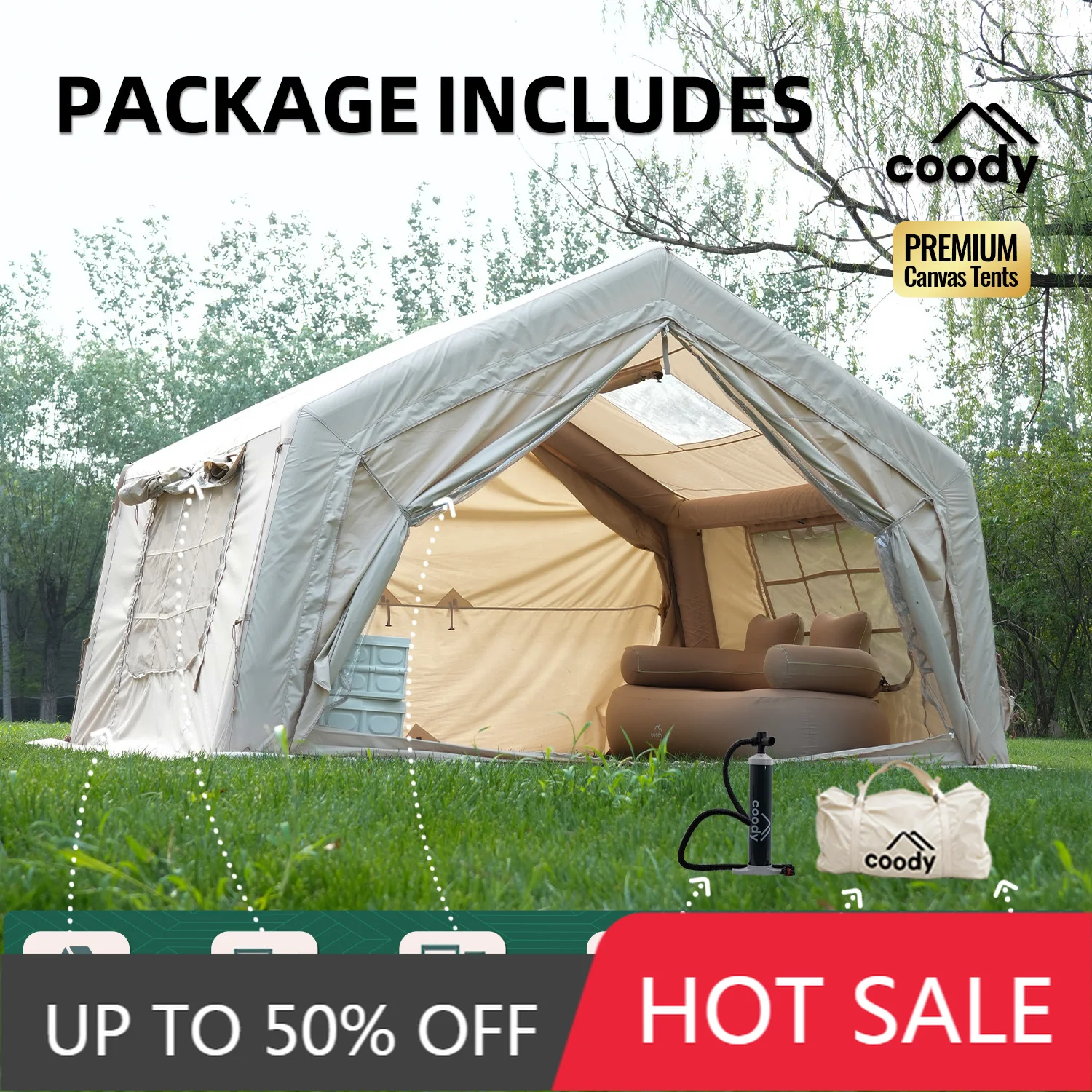 Coody 9.0 Air Tent Beige Spacious Inflatable Shelter Quick Pitch Foldable Outdoor Family Camping Tent
