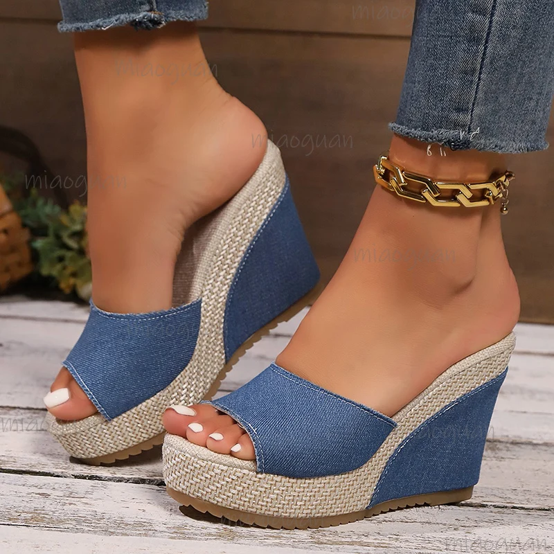 

Fashion Blue Denim Wedge Sandals for Women Peep Toe Chunky Platform Slippers Woman 2025 Summer Comfort Thick Sole Beach Slides