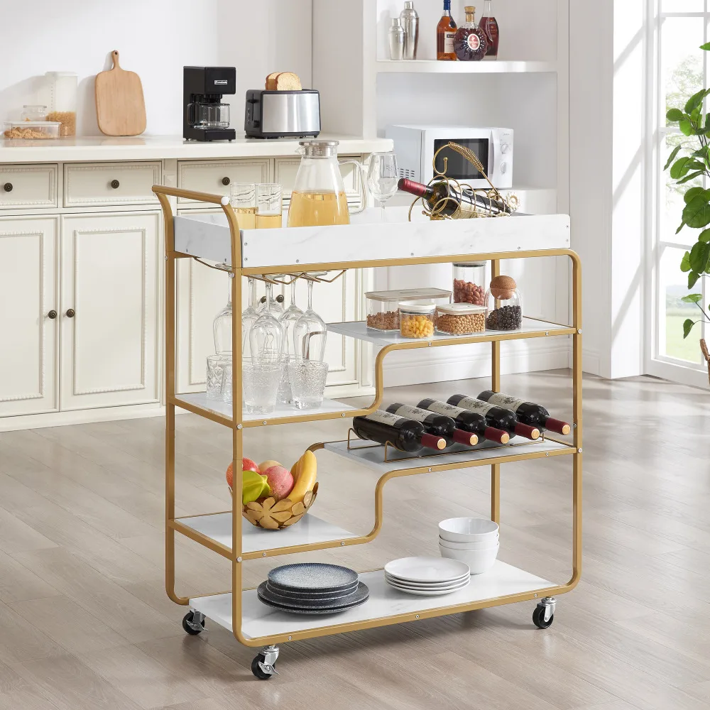 

6-Tier Bar Cart, Slide Bar Serving Cart, Retro Style Wine Cart for Kitchen, Beverage Cart with Wine Rack and Glass Holder