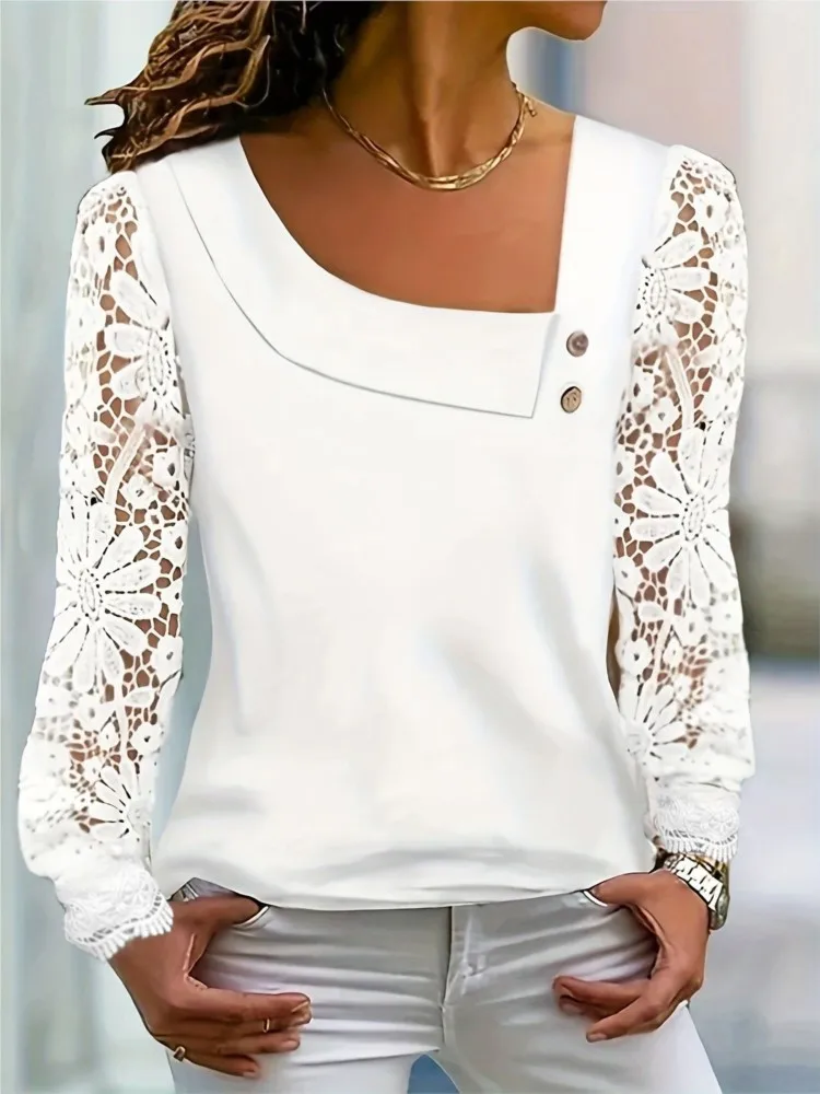 Casual Lace Sleeve Blouse Women Fashion Skew Collar Button White Tops 2024 Spring Elegant Office Ladies Blouses And Tops