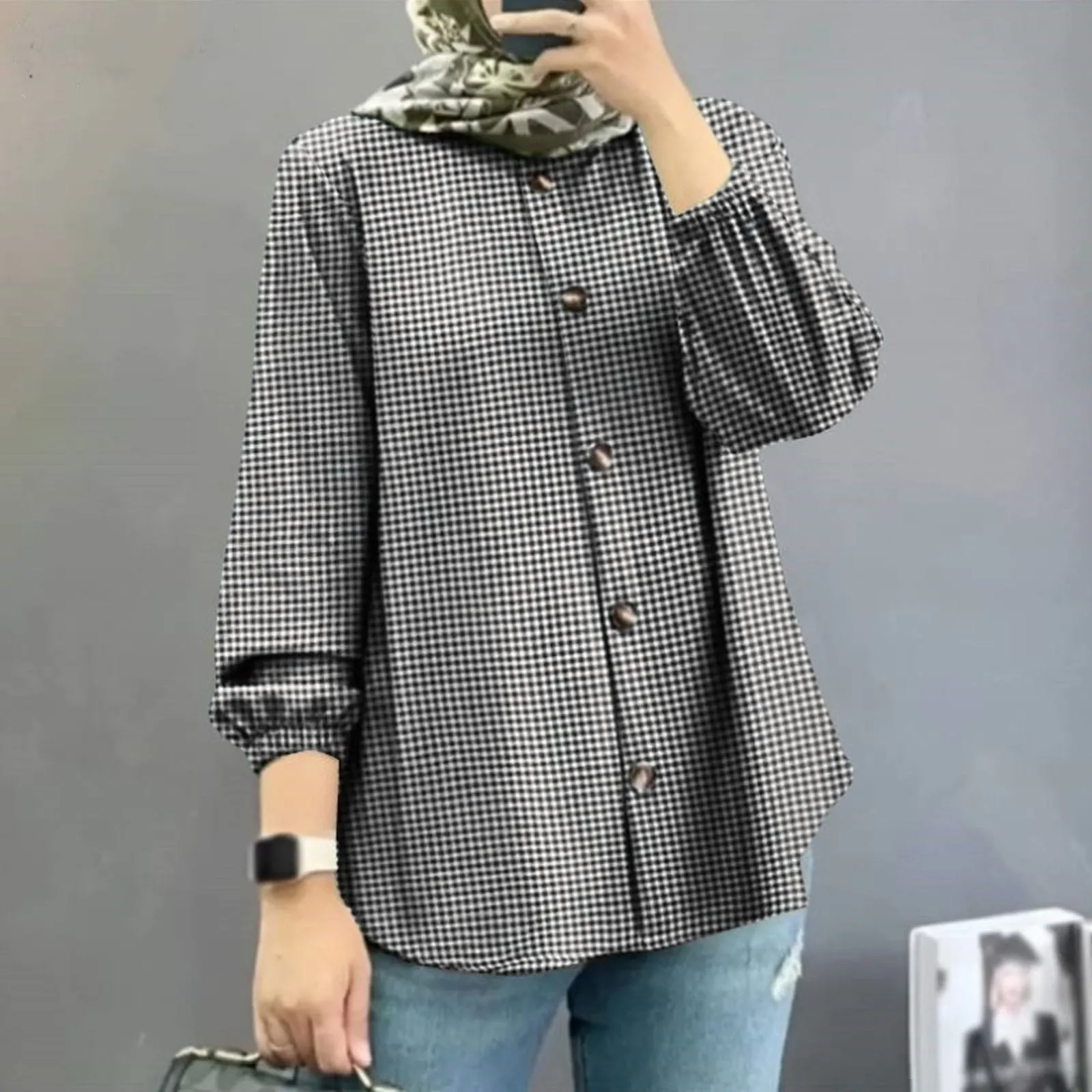 Autumn Shirt Women Checked Tops Sleeve muslim IsIamic Clothing Muslim women Abaya Long Turkey clothing Dubai Vintage Blouse