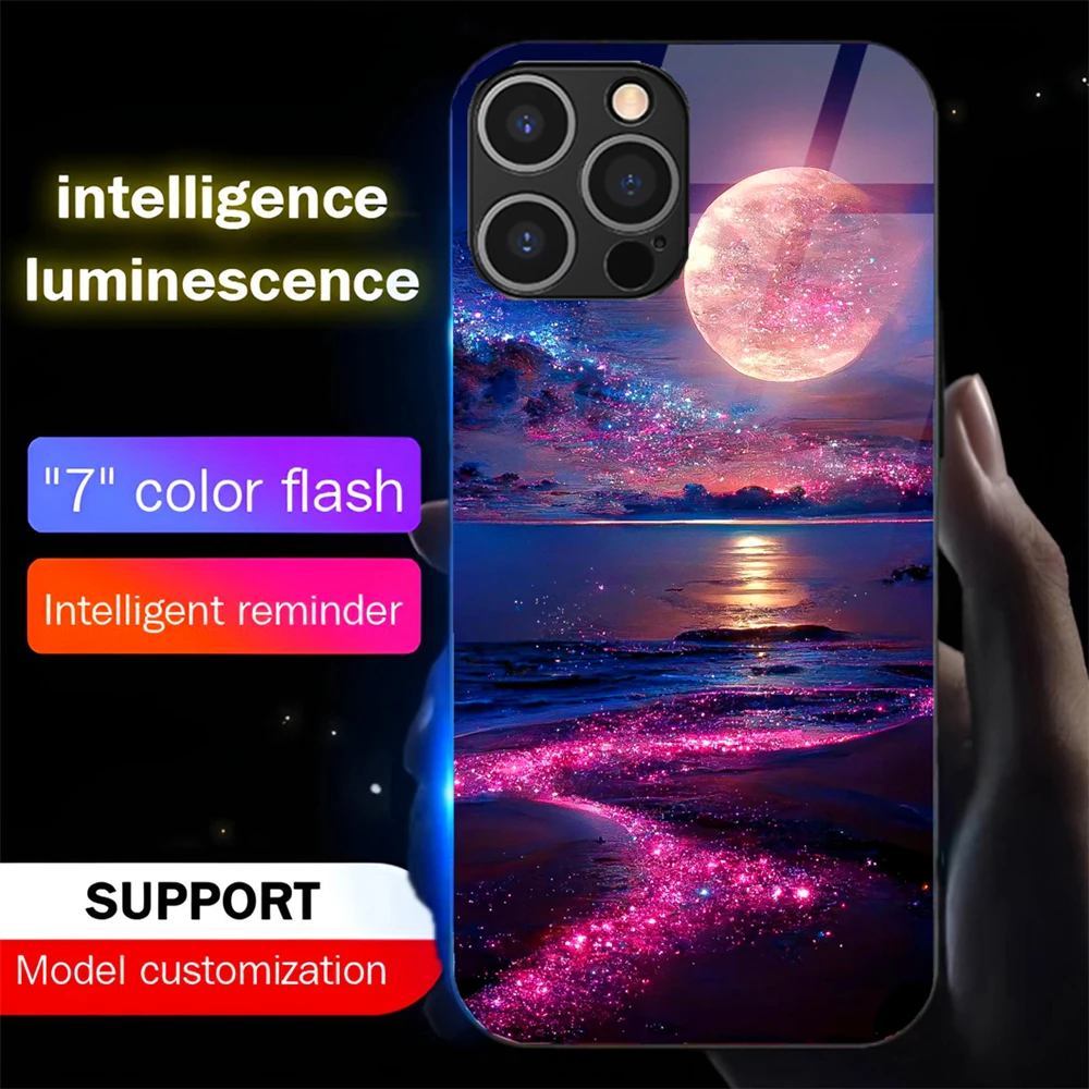 

Brilliant Galaxy Sky LED Light Glow Luminous Tempered Glass Back Phone Case For iPhone Air 17 16 E 15 14 13 12 11 Pro Max Plus