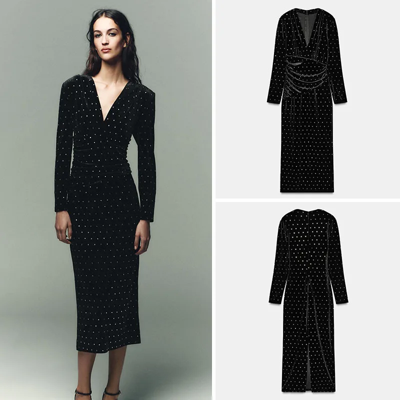 2016 حبة مزخرفة المخملية ميدي الدكتور مجموعة الشتاء الجديدة المرأة Faion Ele ثنيات ثوب للسيدات 25-35 سنة