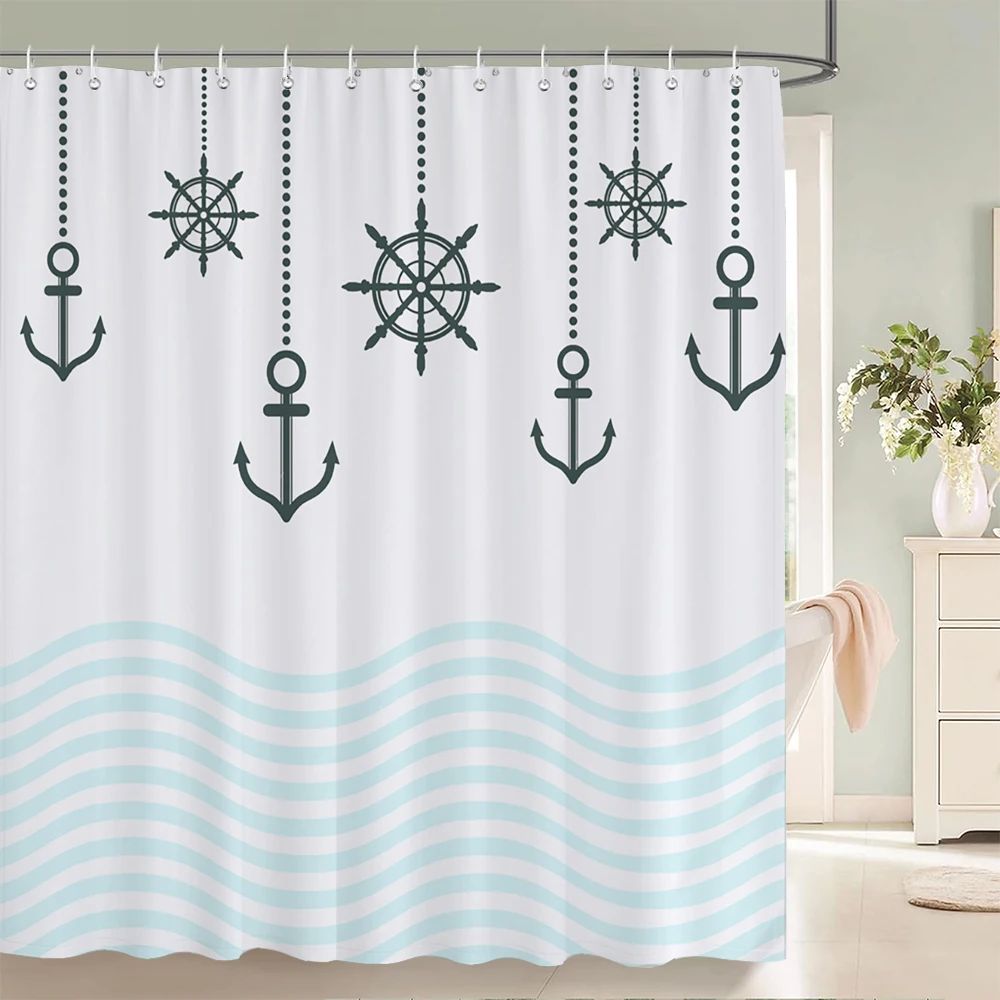 

Занавеска для душа в скандинавском стиле с рисунком океана в стиле якоря, полиэфирная ткань с принтом, занавеска для душа с крючками, декоративная занавеска