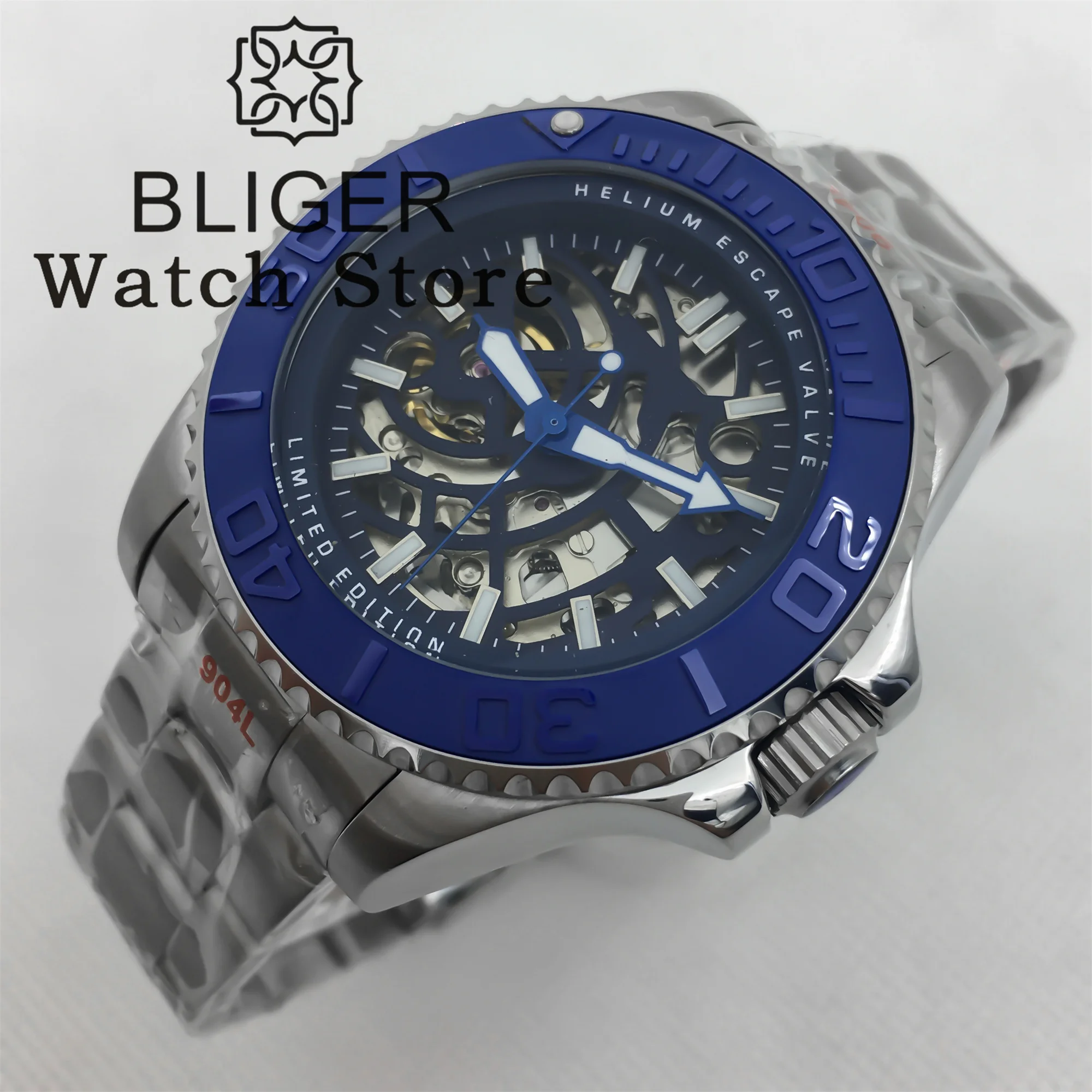BLIGER 43 مللي متر الهيكل العظمي المجوف NH70 ساعة للرجال الصلب غواص ساعة فاخرة اليد الزرقاء Reloj Hombre عميق مقاوم للماء 904L سوار