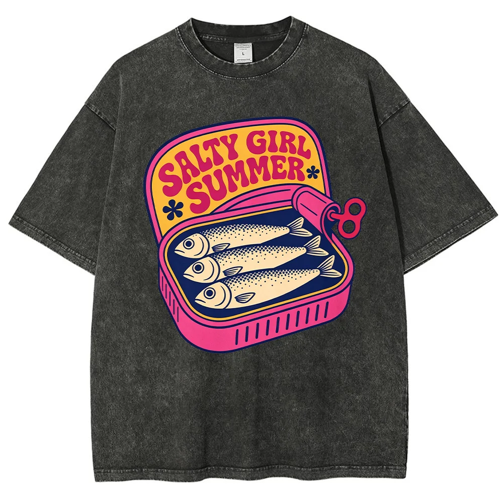 Acid Wash Vintage Graphic T Shirt - Kaos Wanita Motif Sarden Musim Panas,