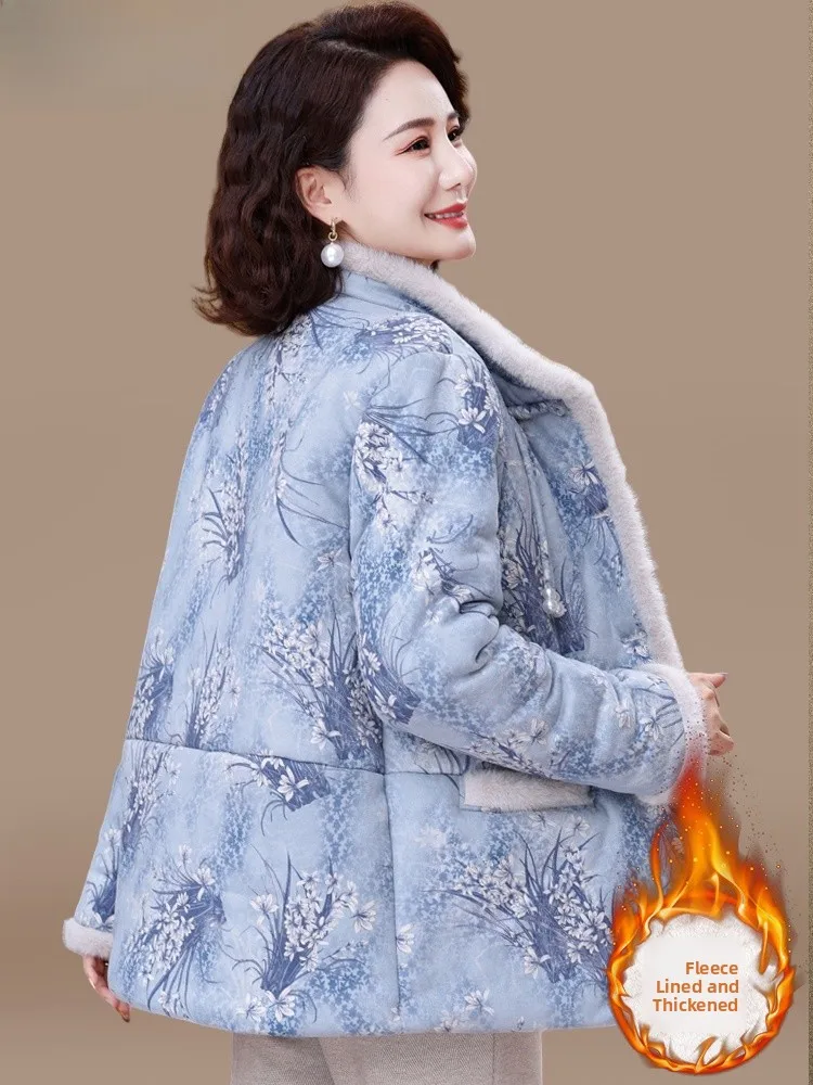 

Thiened Fce Lined Cotton Jaet for Middle-Aged Women New Chinese Sle Autumn Winter Coat Long Sve Stand Collar Dr