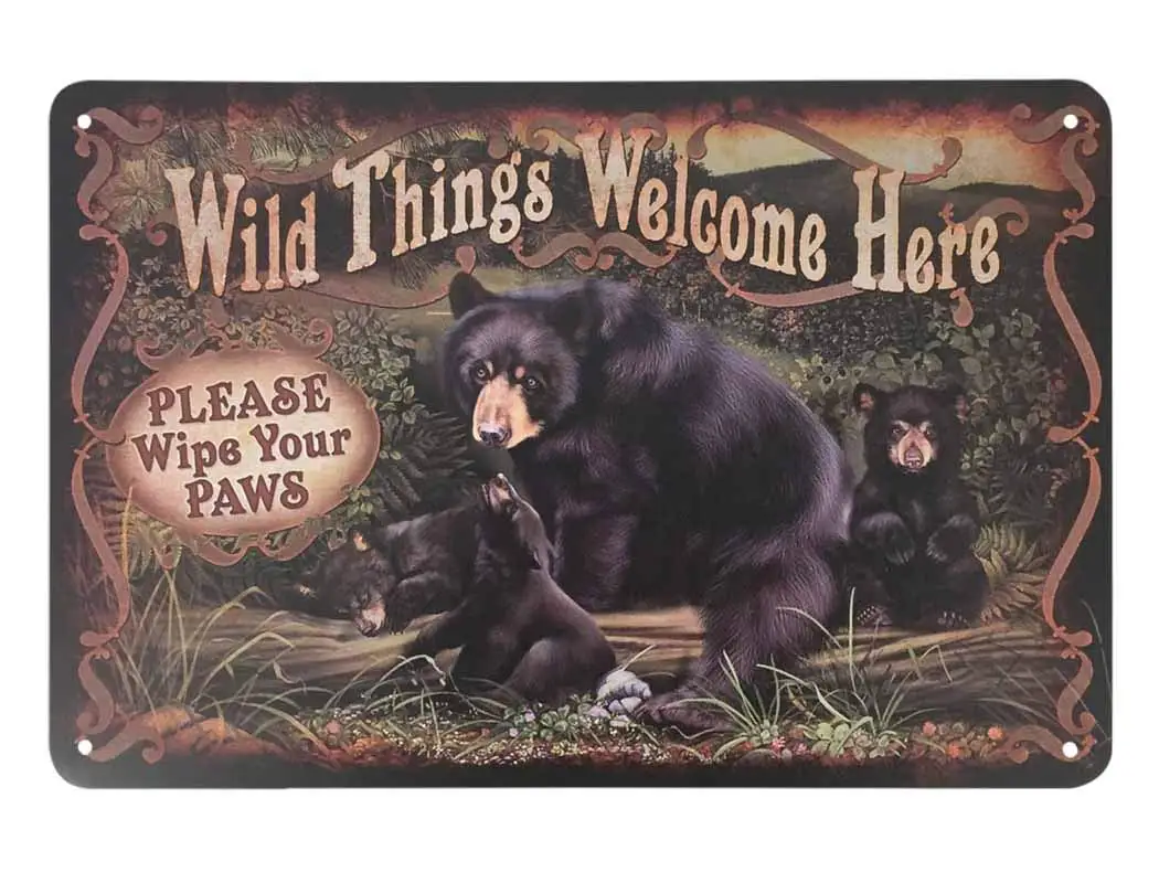 AOYEGO Wild Things Bear Tin Sign,Bear In the Forest Welcome Here Please Wipe Your Paws Vintage Metal Tin Signs for Cafes Bars Pu