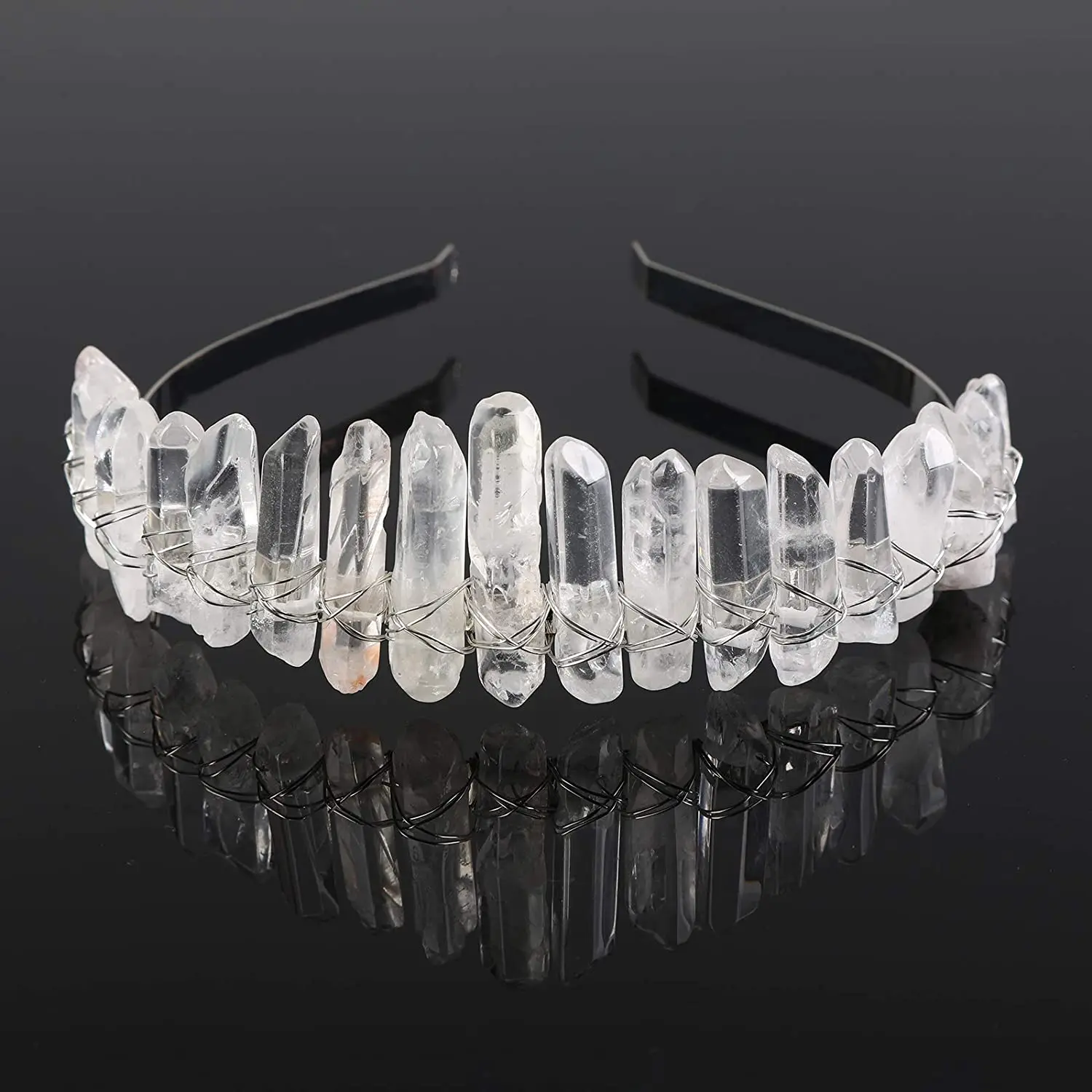 Raw Crystal Tiara Crown Headband, Natural Quartz Moon Goddess Witch Headpiece for Wiccan Cosplay Party Headwear