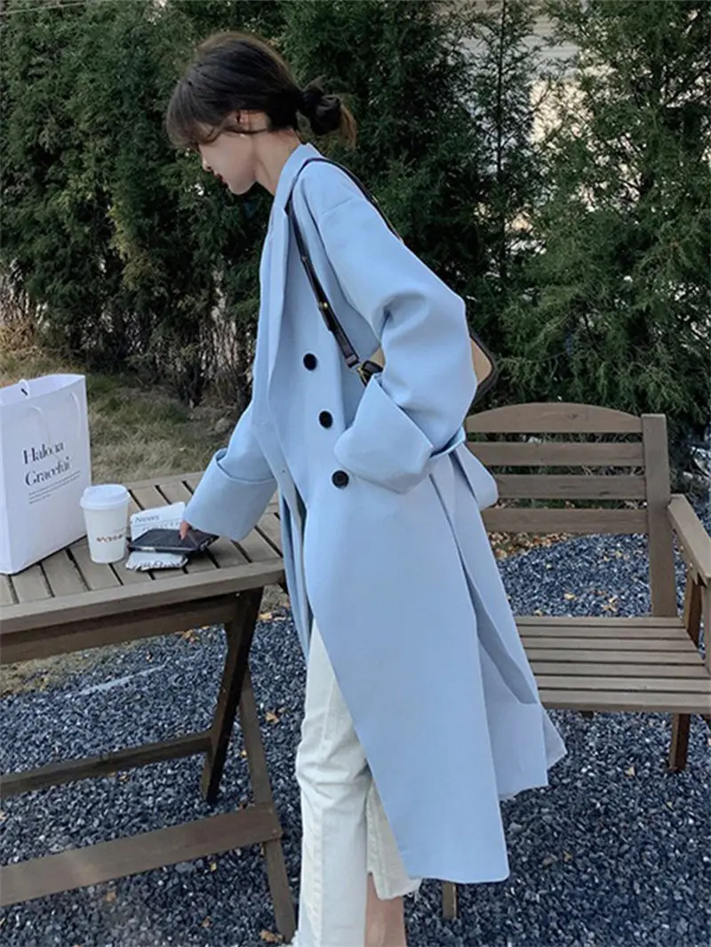 

Haze Blue Windbreaker Coat Women's Spring And Autumn 2023 New Korean Mid Length Fashion Spliced Popular Trench Outerwear Z1699