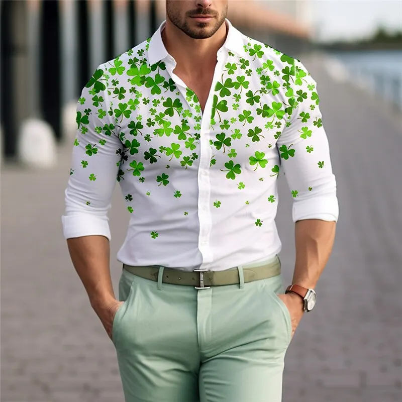 St. Patrick's Day four-leaf clover casual men's shirt for daily wear spring and summer cuffed long-sleeved green stretch fabric