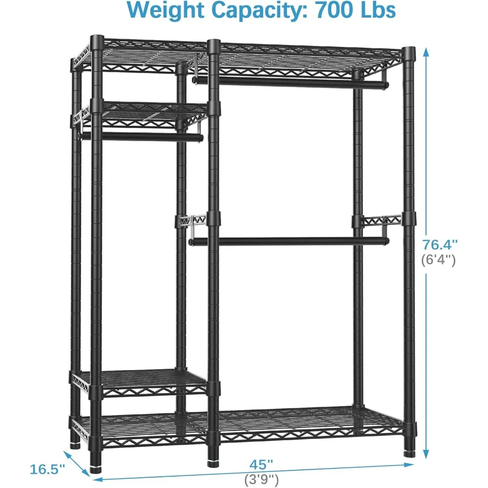 Robuster, freistehender 4-stufiger Drahtregal-Schrank-Organizer mit 3 Hängestangen für Kleidung