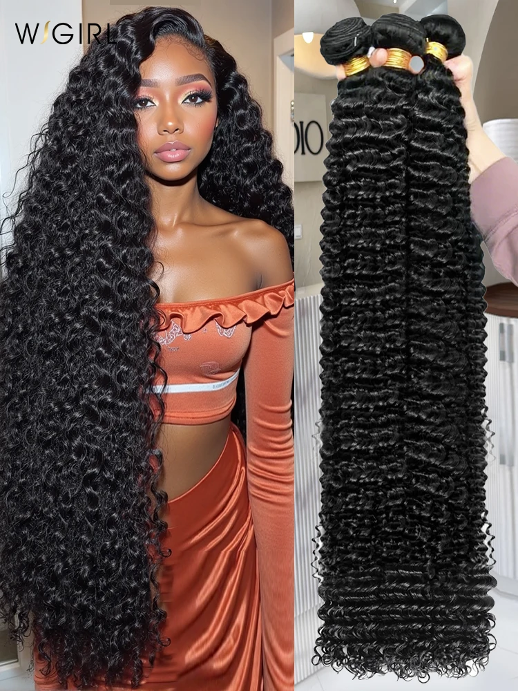 Extensiones de cabello humano Wigirl de 30 y 34 pulgadas con ondas profundas, Remy indio, onda de agua virgen cruda, 3 4 Uds., extensión de cabello trenzado de doble trama