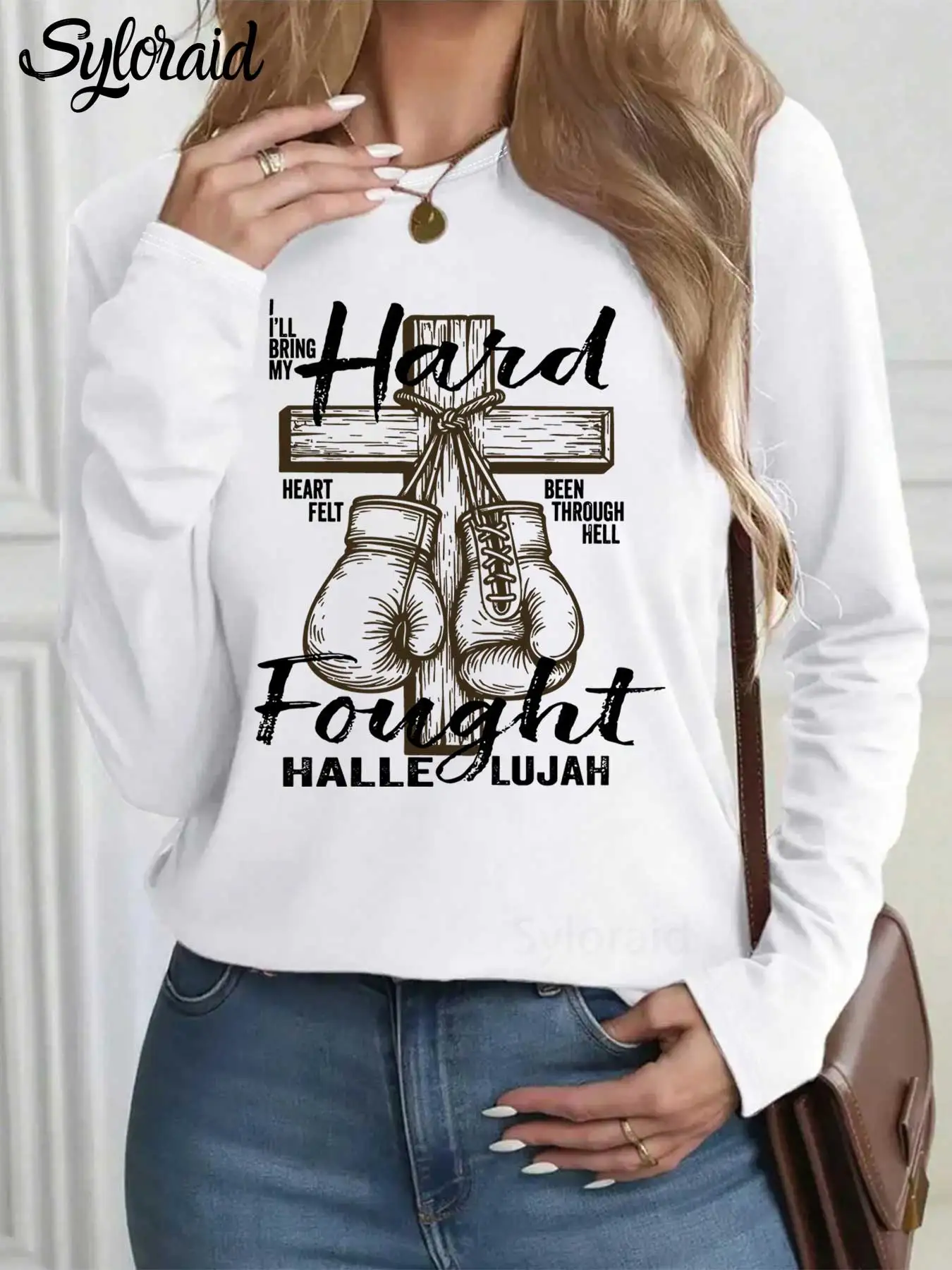Women's Long Sleeve T Shirt Hard Fought Hallelujah Print T Shirt Religious Christian Shirt Fashion Round Neck Casual Top