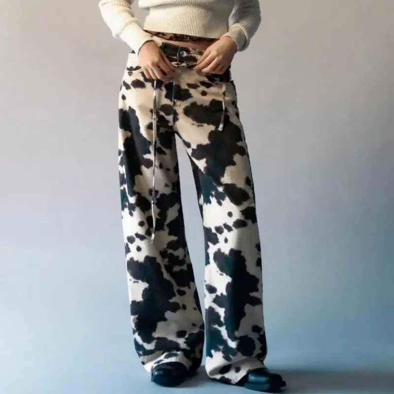 

Y2K Washed Cow Print Denim Pants Vintage American Style Unisex Wide Leg Baggy Streetwear Jeans for Women Men