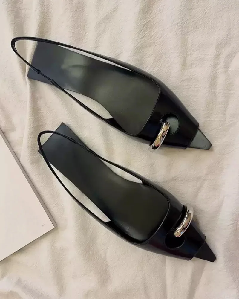 

Designer Metal Pointed Toe Flat Sandals Women 2024 New Open Toe Low Heel Mueller Shoes Women's Fashionable Sandalias Femininas
