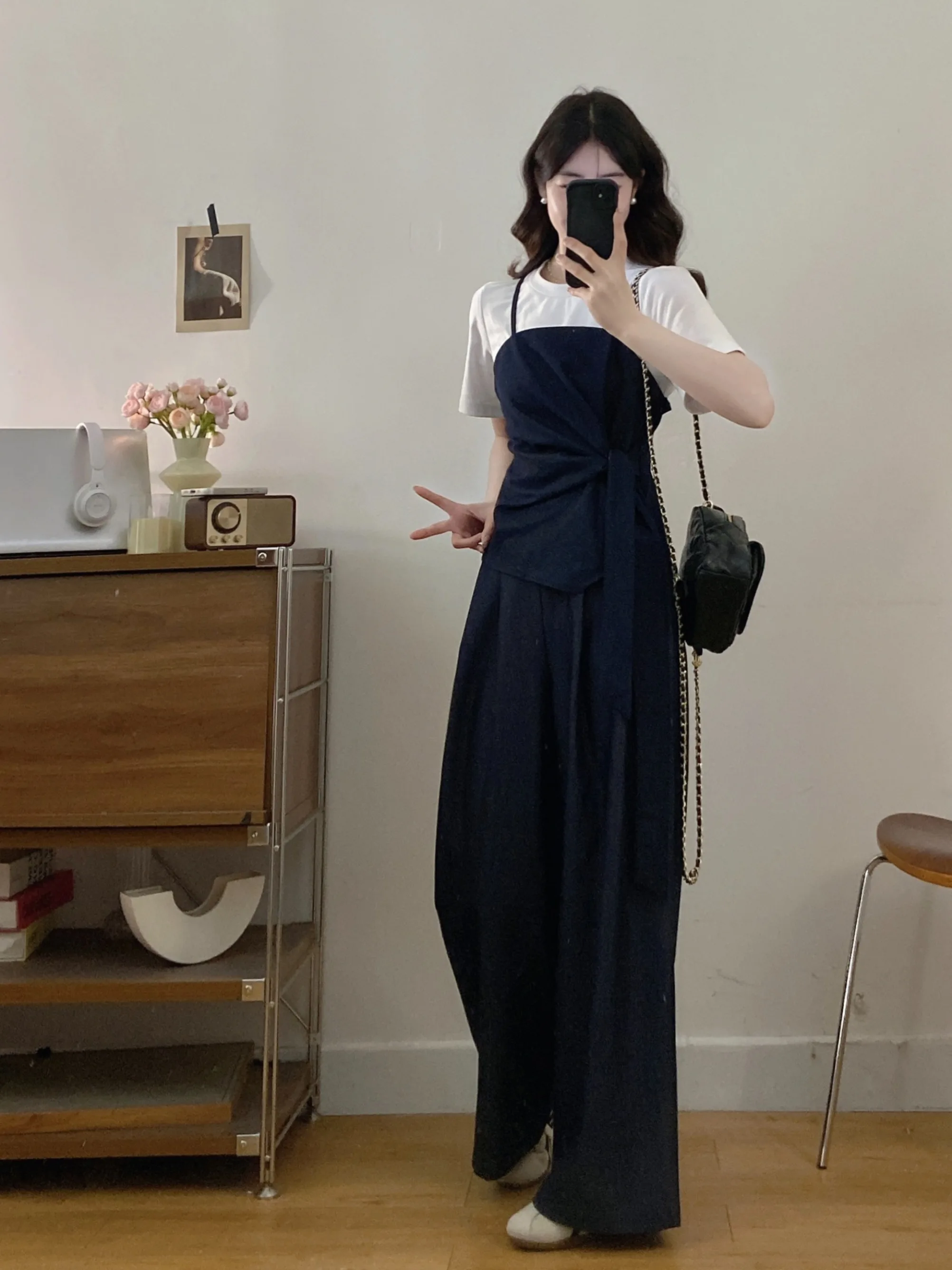 

plus Size Women's Summer Fashion Casual Style Side Waist Tie Top Wide Leg Pants T-Shirt Three-Piece Set High Waist Breathable