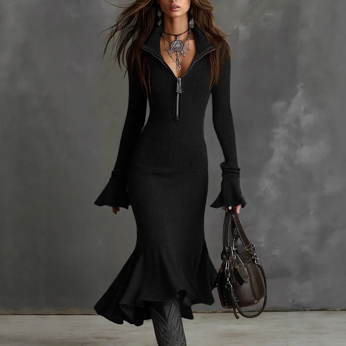 2025 robes femmes solide automne hiver fermeture éclair revers manches évasées tricoté robe en queue de poisson coupe ajustée robes