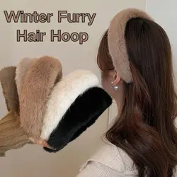 Faux Fur Mink Headband For Women Hair Accessories Solid Color Autumn Winter Warm Furry Hair Bands Plush Widen Thicken Hair Hoops