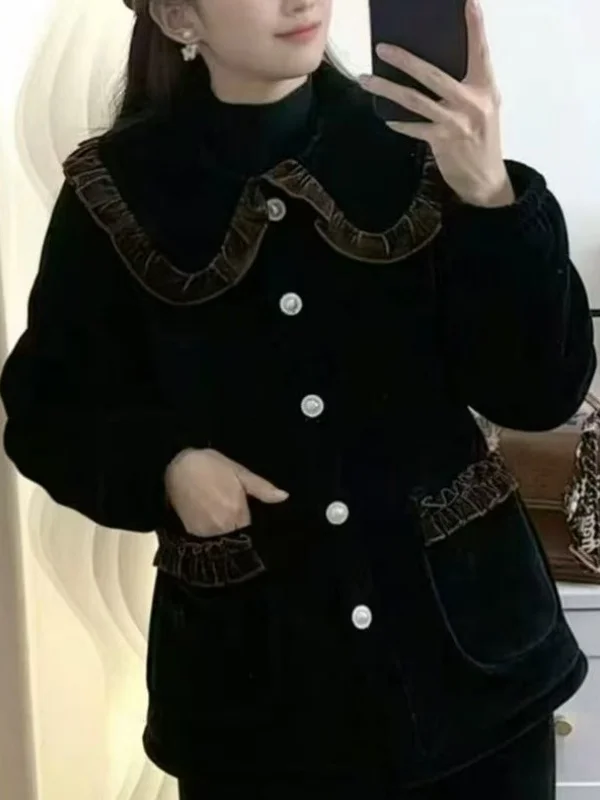 

Ladies Thiened Fce Lined Cotton Jaet Winter Faionable Versatile Outerwear Mommy Sle Quilted Warm Coat Doll Collar