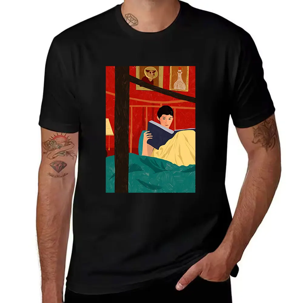 Men's Cotton T-shirt Amélie Inspired Reading Girl Print Casual Short Sleeve Tee