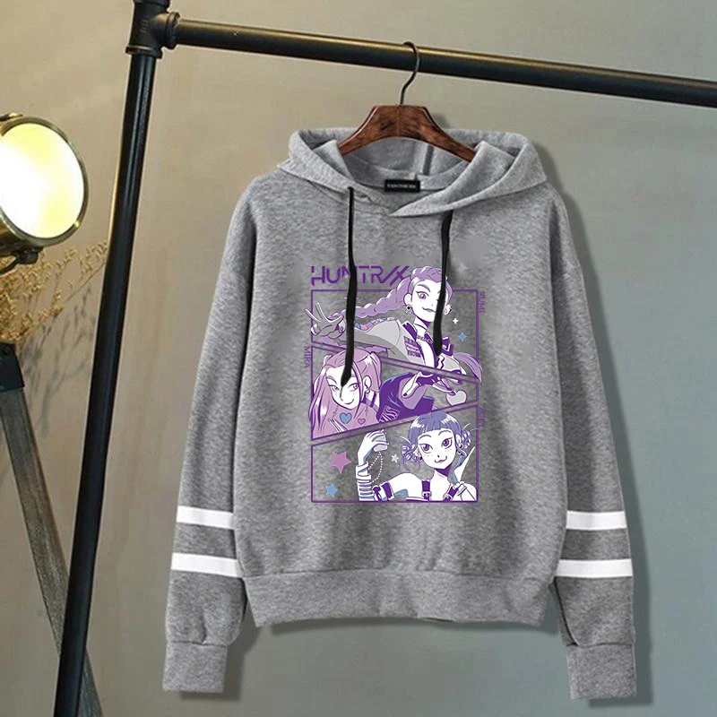New Kpop Demon Hunters Mira Rumi Zoey Print Hoodie Sweathshirts Men Women Hooded Pullover Unisex Long Sleeve Stripe Hoodie