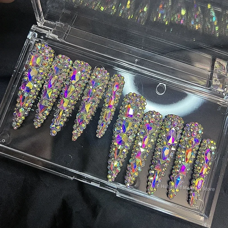 Customized Handmade 3XL Long Coffin Glittery Rhinestone Press On Nails Stiletto False Nail Tip Reusable Fake Nail With Glue Gift