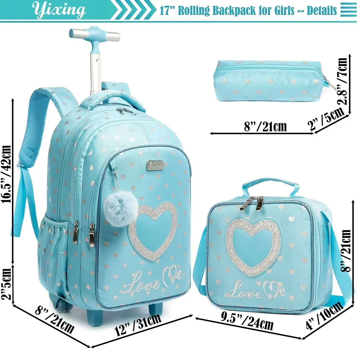 Girls School Kids Backpack Bag Set with Lunch Box School Rolling Backpack Bag with Wheels School Trolley Backpack Bag for Girls