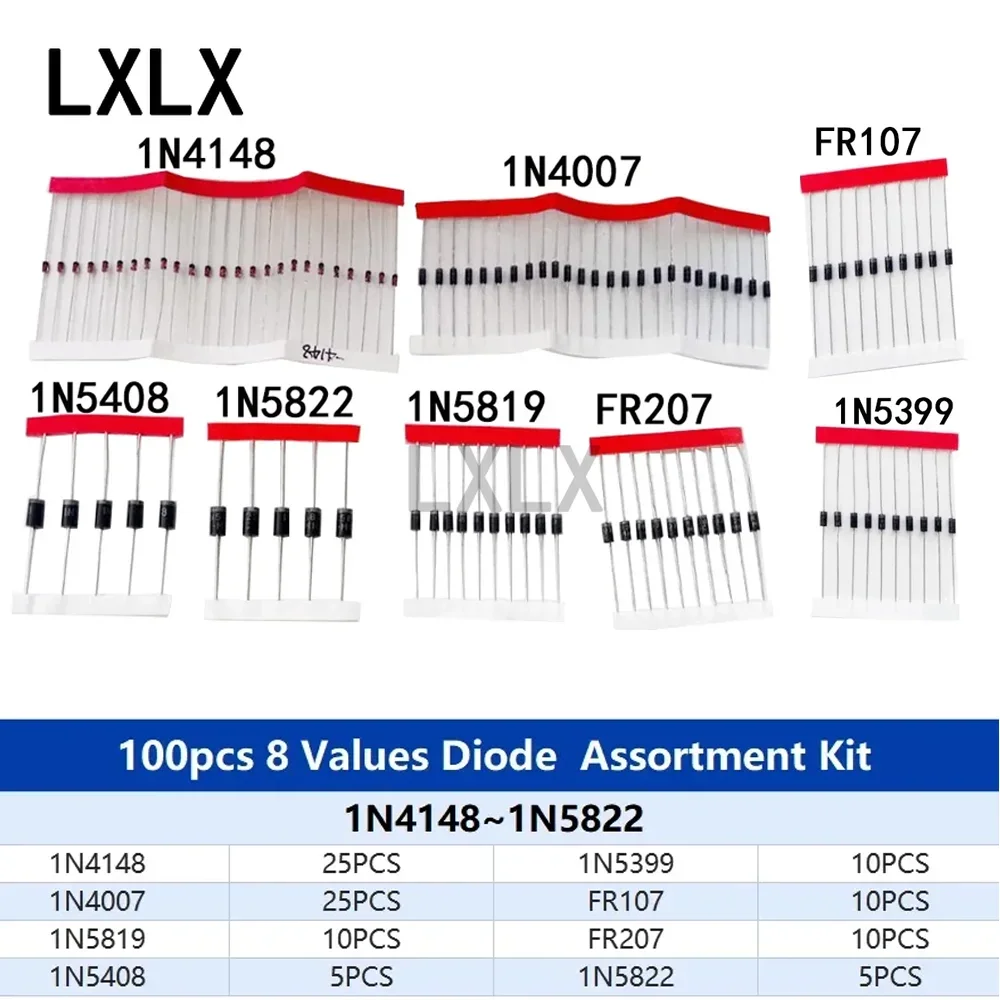 8 Kinds 100PCS Fast Switching Schottky Diode Set 1N4148 1N4007 1N5819 1N5399 1N5408 1N5822 FR107 FR207 Electronic Components Kit