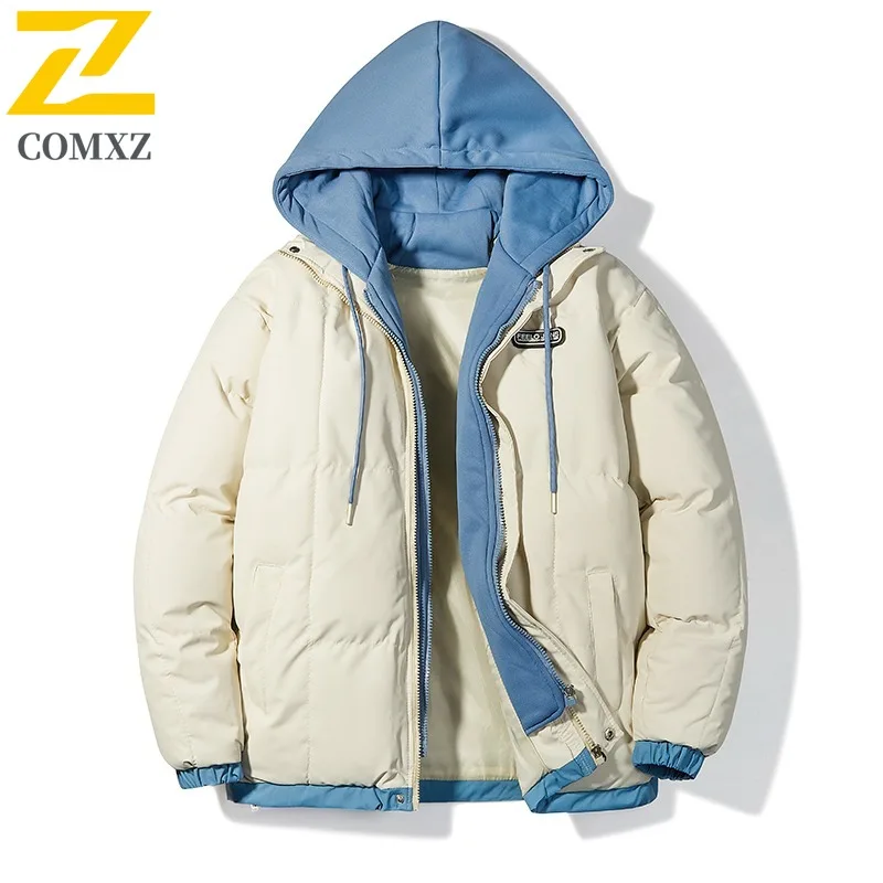 

COMXZ Premium Fake Two Piece Men Padding Jacket 2025 Comfortable Parka Classic Hooded Trip Cold Proof Winter Cotton Jackets