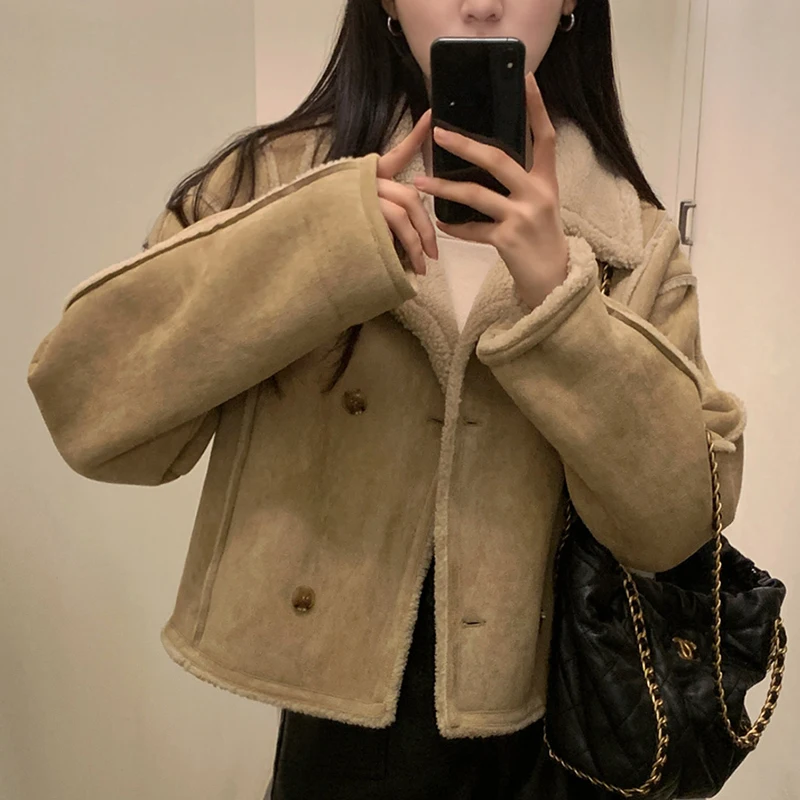 

Retro Briti Sle Lamb Fur Collar Double Breasted Loose Long Sve Velvet Jaet Women's Chic Autumn Winter Outerwear