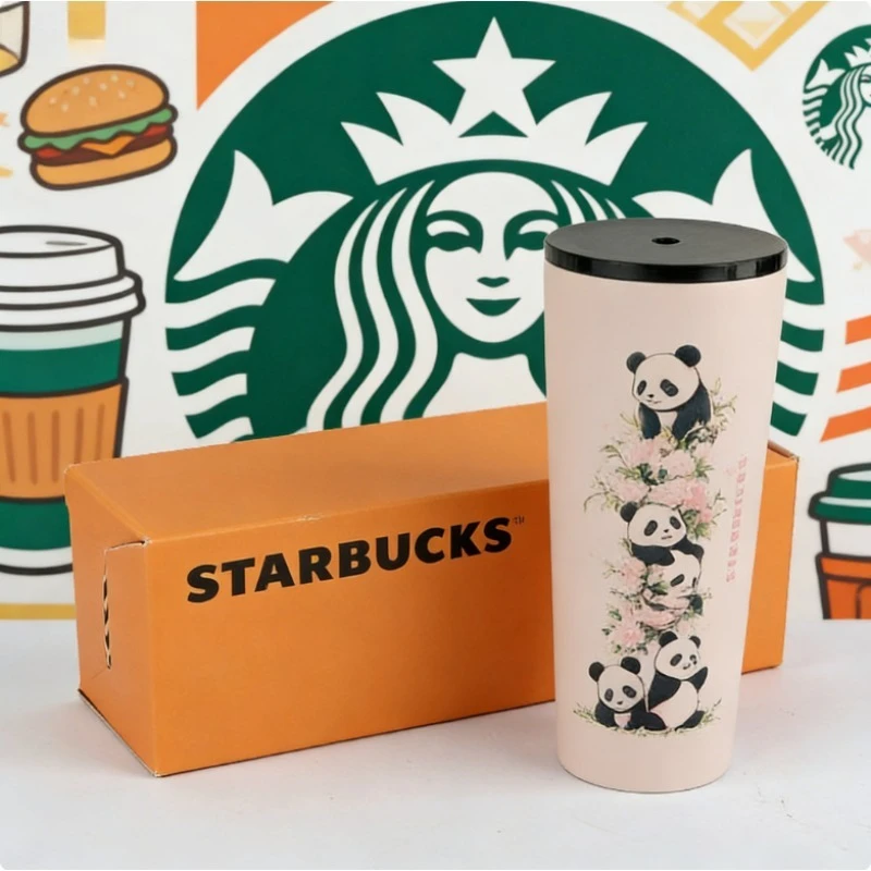 Vaso Térmico de Acero Inoxidable Starbucks Pink Panda, Taza Aislada con Lindo Diseño de Panda y Flores de Peonía
