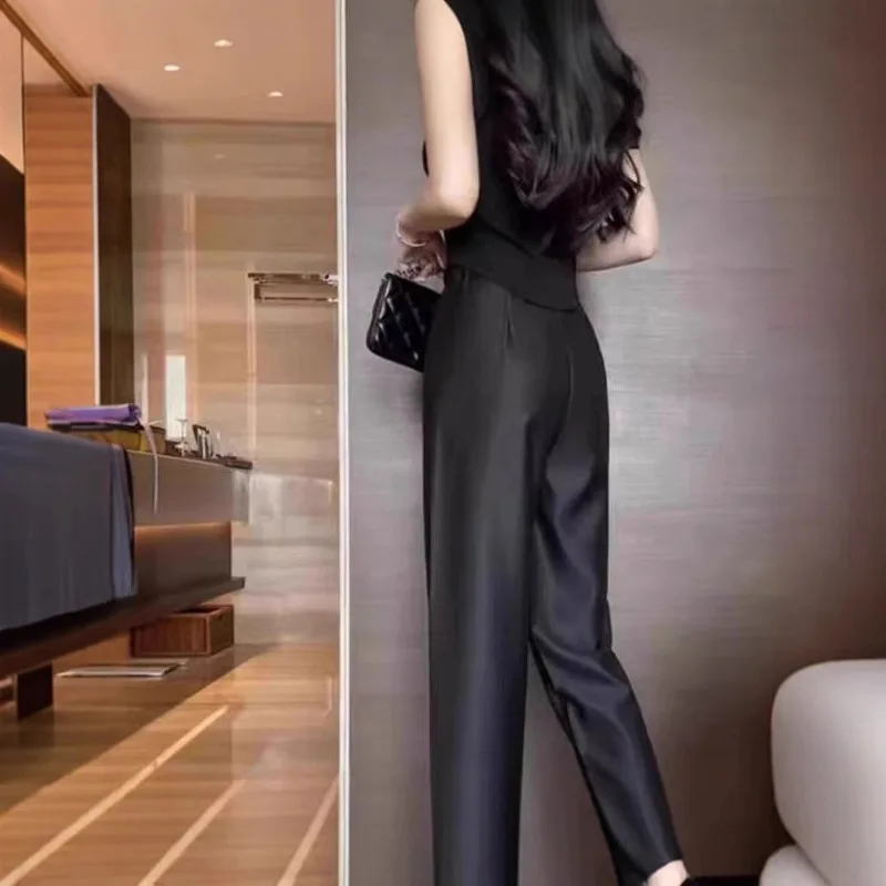 Slimming Ice Silk Nine-Piece Casual Pants for Women High Waist Thin Summer Straight Leg Loose Fit Commute Style Black