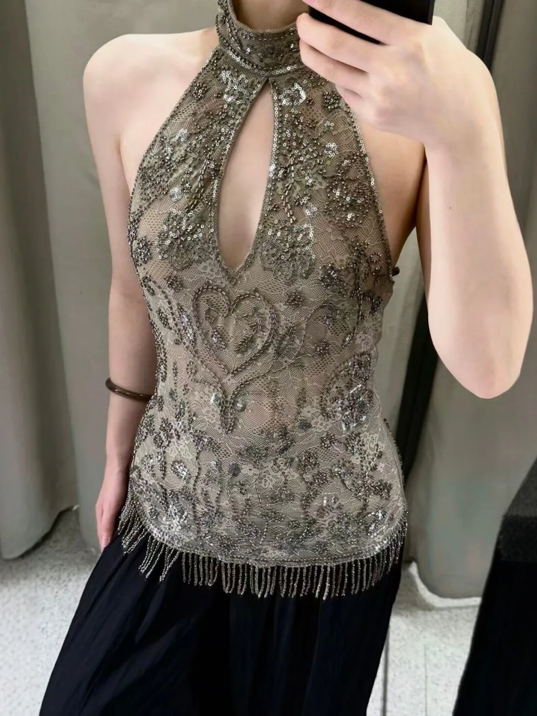 Sexy Backless Neckline Beaded Evening Top for Women Sleeveless Outerwear Slim Fit Regular Length No Chest Pad Autumn Season