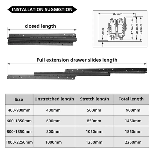 Imagen 2 del producto Deslizadores de cajón de alta resistencia, cajón de montaje inferior de 1 piezas, capacidad de carga de 260 LB, rodamiento de bolas de extensión completa, gabinete, Riel de escalera oculto de 400-900mm