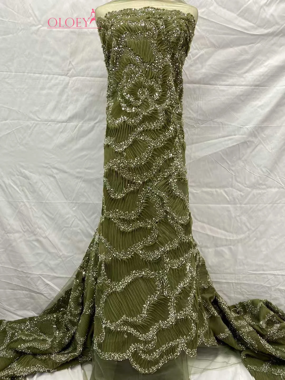 OLOEY Luxury French Sequin Lace Fabric  High-Quality African Beaded Lace Fabric Nigerian Stitched Fabric for Party Dresses