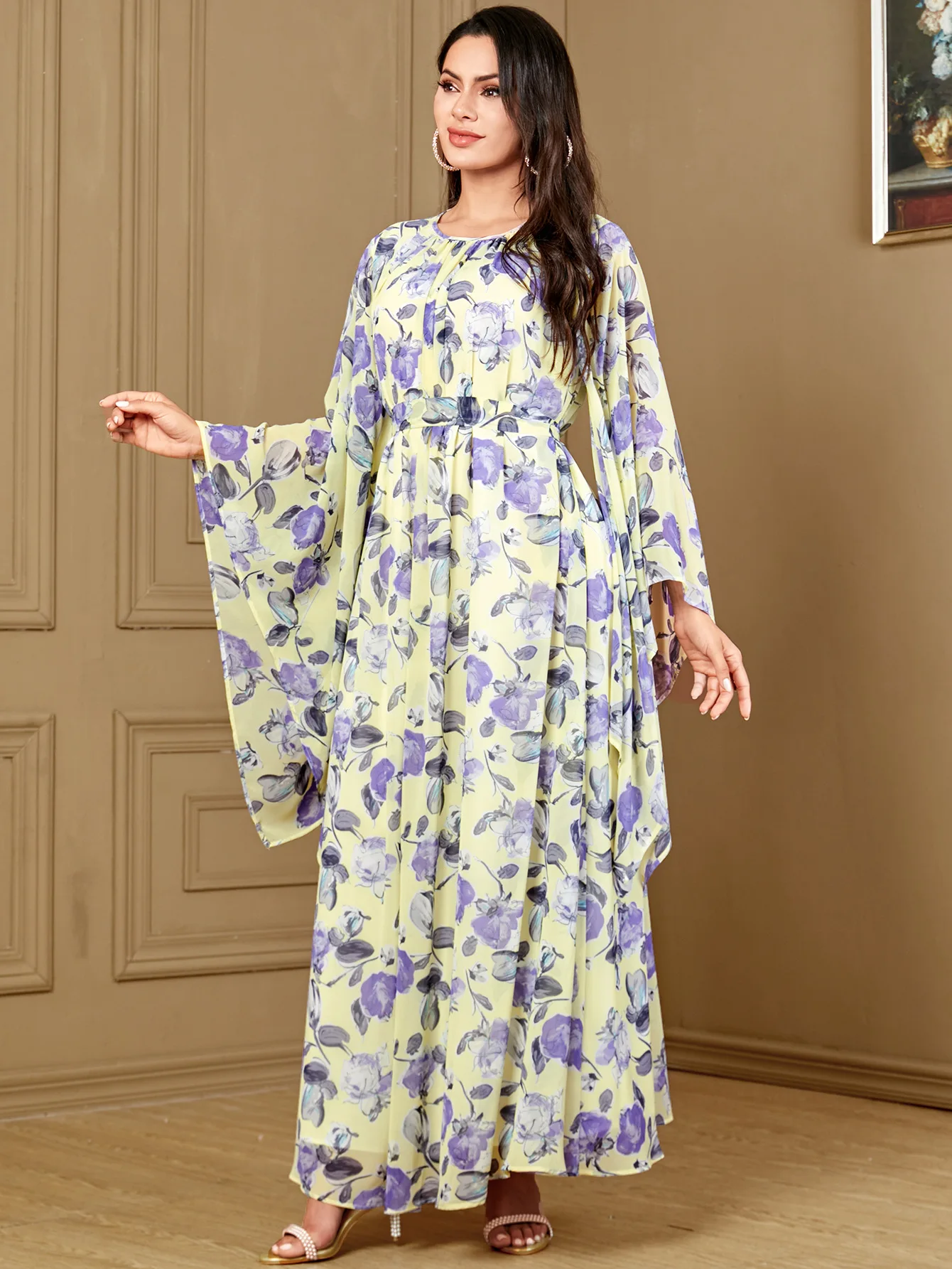 

Muslim Women Print Maxi Dress Abayas Dubai Kaftan Kimono Flare Sleeve Party Gown Turkey Kebaya Caftan Marocain Femme Vestidos