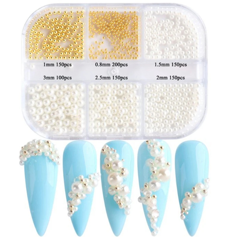 1Box Pearl Decorations Nail Charms White Round Nail Parts Gold Steel Beads Balls Jewelry Nail Art Accessories