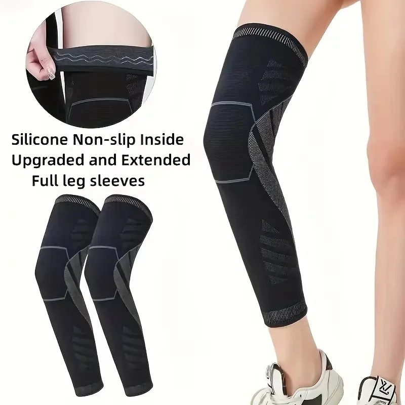 1 Pair Non-slip Full Length Compression Leg Knee Sleeves Sports Knee Brace Support For Running Basketball Cycling Gym Workout