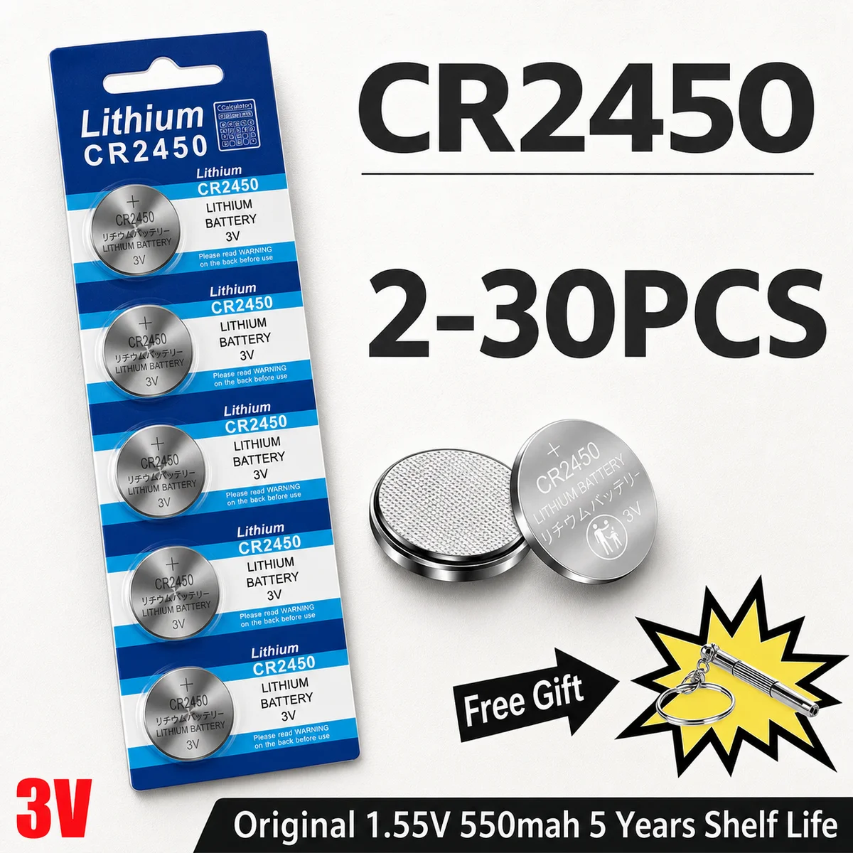 Lithium Coin Cell Battery CR2450 3V 2-30Pcs Button Batteries DL2450 ECR2450 For Remote Control Toys Digital Scale Stable Power
