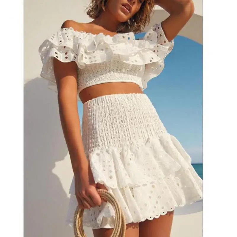 

Summer French Style Elegant High Waist Cake Layer Two Piece Set Slash Neck Butterfly Sleeve Holiday Sexy Off Shoulder Clothing