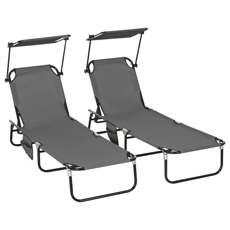 2 tumbonas plegables de acero gris oscuro con respaldo reclinable y parasol - Tumbonas premium para playa, jardín o patio