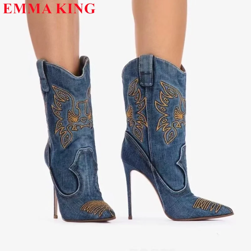 

2024 New Denim Embroider Ankle Boots Women Western Pointed Toe High Heels Cowboy Boots Slip On Shoes Spring Autumn Women's Boots