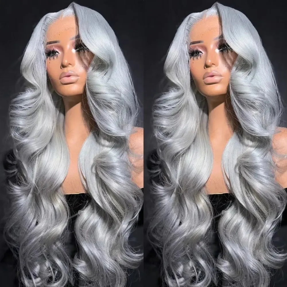 Body Wave Silver Grey Lace Front Wigs 13x4 Synthetic HD Lace Frontal Glueless Free Part Pre Plucked Wigs For Women Cosplay Party