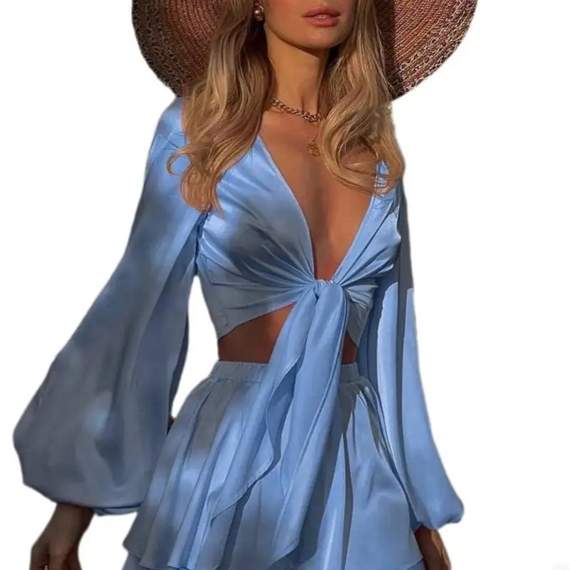 

39BC Trendy Long Sleeve Top and Shprt Top with Lace Up Comforrtable Crop Top and Short Pants for Evening Event