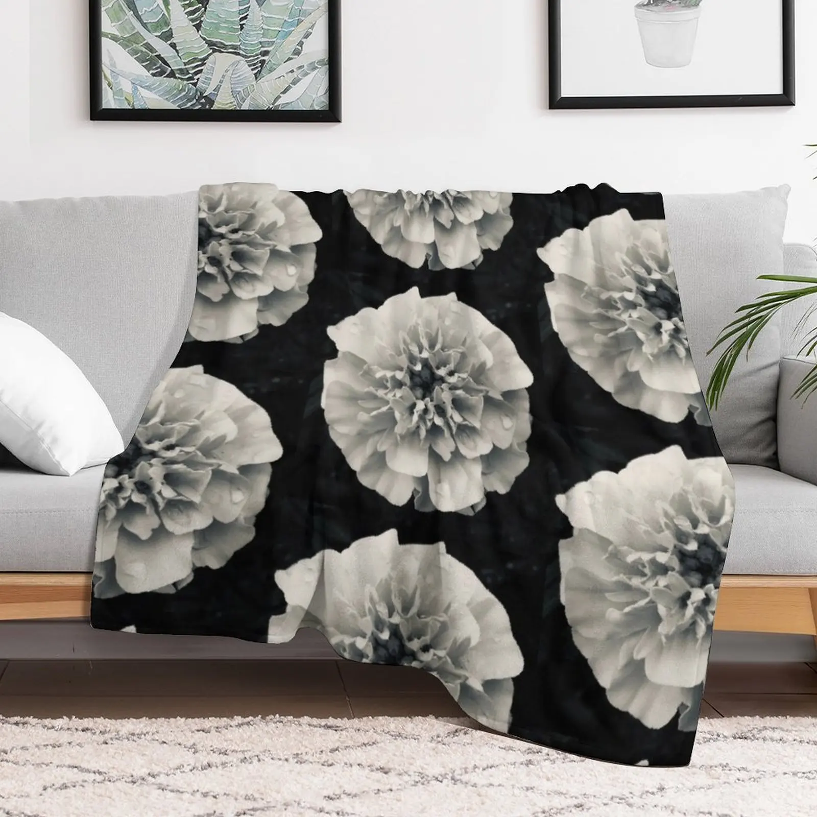 

Black and White Marigold Flower Throw Blanket blankets and throws Beautifuls Summer Blankets
