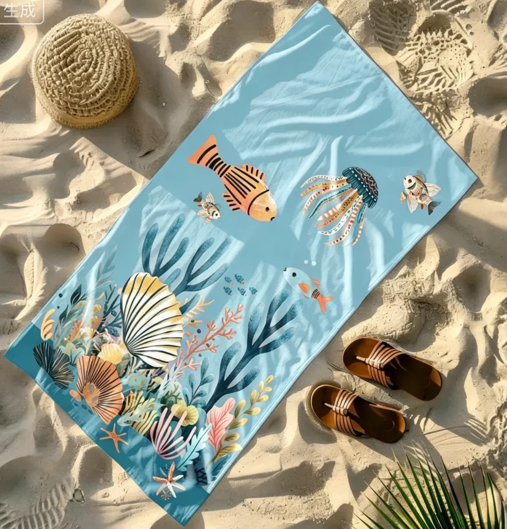 Colorful Tropical Ocean Beach Towel Nautical Sea Life Towel Fish Coral Shells Towel Summer Pool Travel Towel Quick Dry Fabric